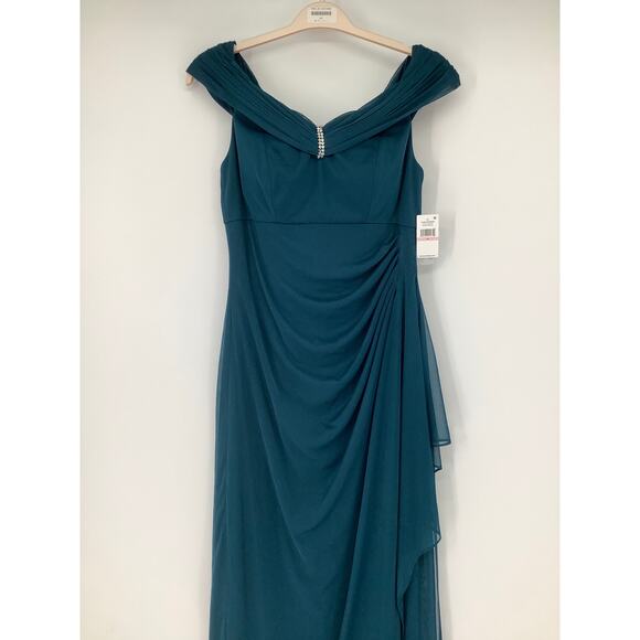 Alex Evenings Womens 10 Peacock Off The Shoulder Dress Embellished Ruched OS6-13 - Picture 6 of 10